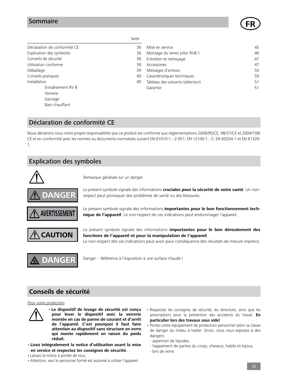 Danger, Avertissement, Caution | Conseils de sécurité, Sommaire | IKA RV 8 FLEX User Manual | Page 36 / 156
