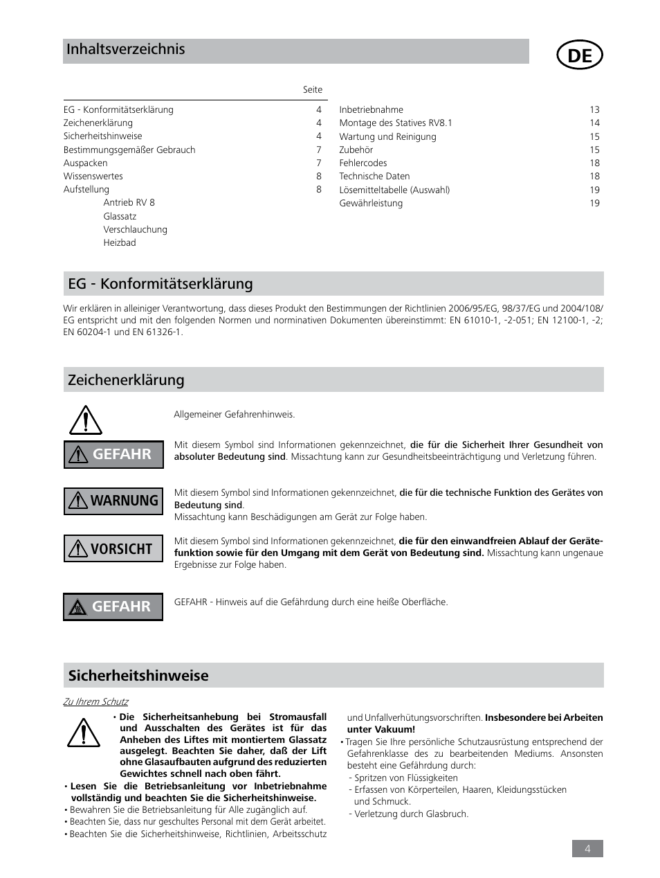 Zeichenerklärung eg - konformitätserklärung, Sicherheitshinweise, Inhaltsverzeichnis gefahr vorsicht warnung | Gefahr | IKA RV 8 FLEX User Manual | Page 4 / 156