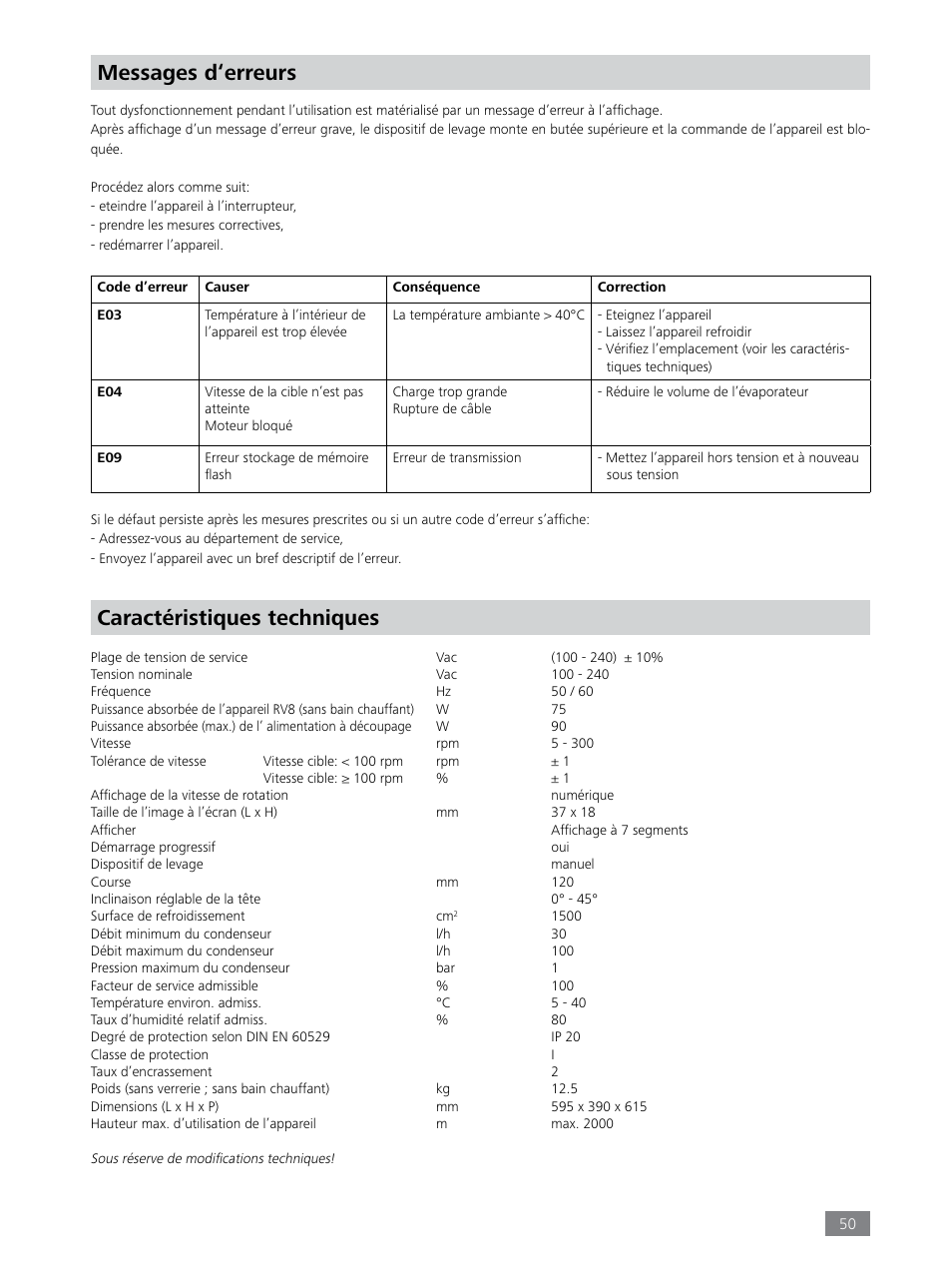 Caractéristiques techniques, Messages d‘erreurs | IKA RV 8 FLEX User Manual | Page 50 / 156
