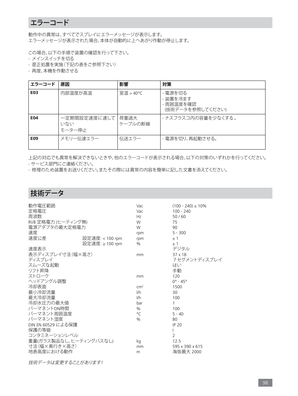 技術データ, エラーコード | IKA RV 8 FLEX User Manual | Page 98 / 156