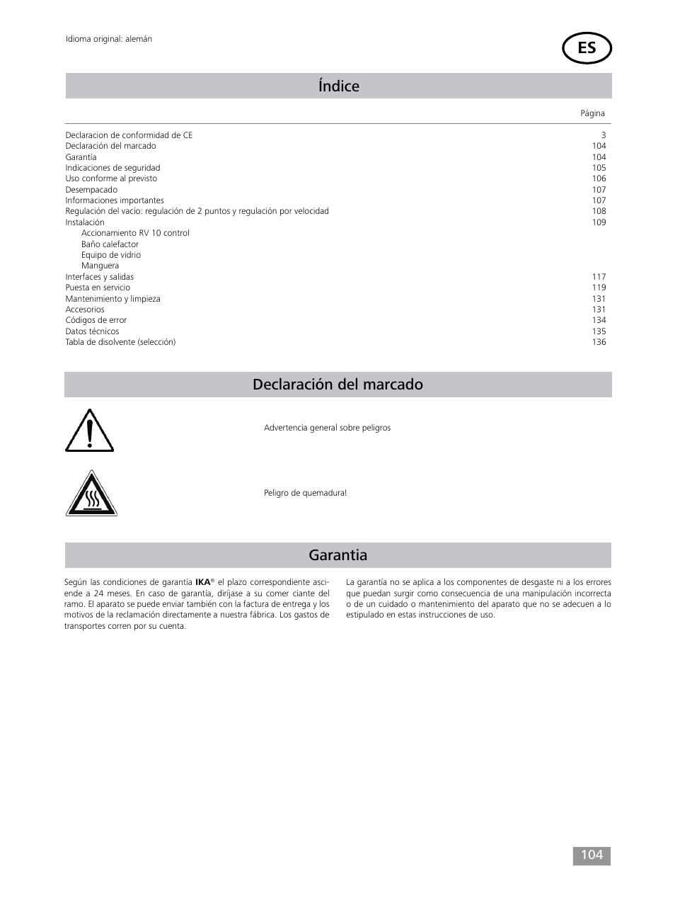 Índice, Declaración del marcado, Garantia | IKA RV 10 control FLEX auto User Manual | Page 104 / 172