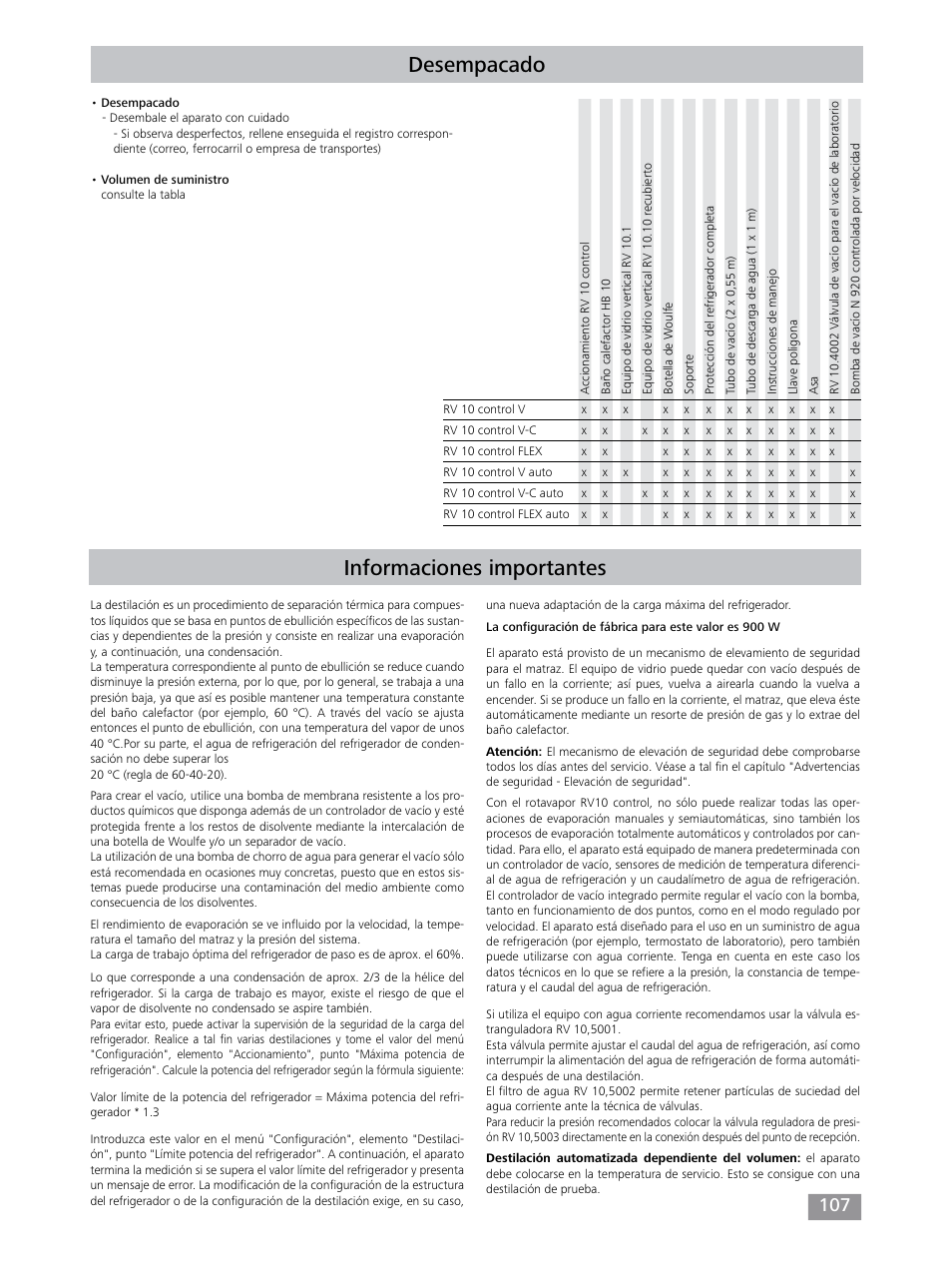 Informaciones importantes, Desempacado | IKA RV 10 control FLEX auto User Manual | Page 107 / 172