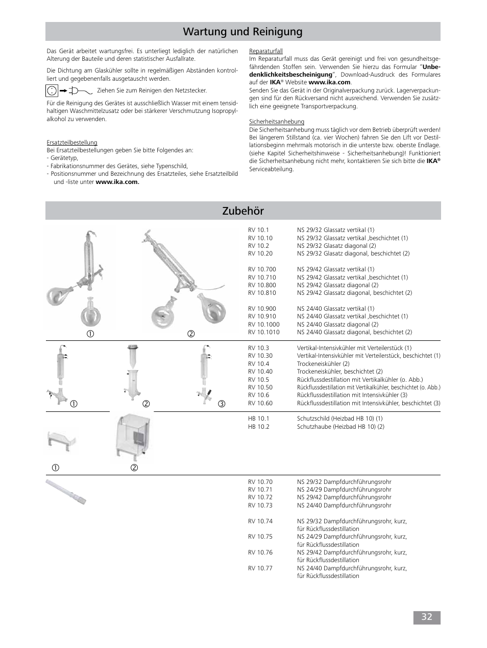 Wartung und reinigung, Zubehör | IKA RV 10 control FLEX auto User Manual | Page 32 / 172