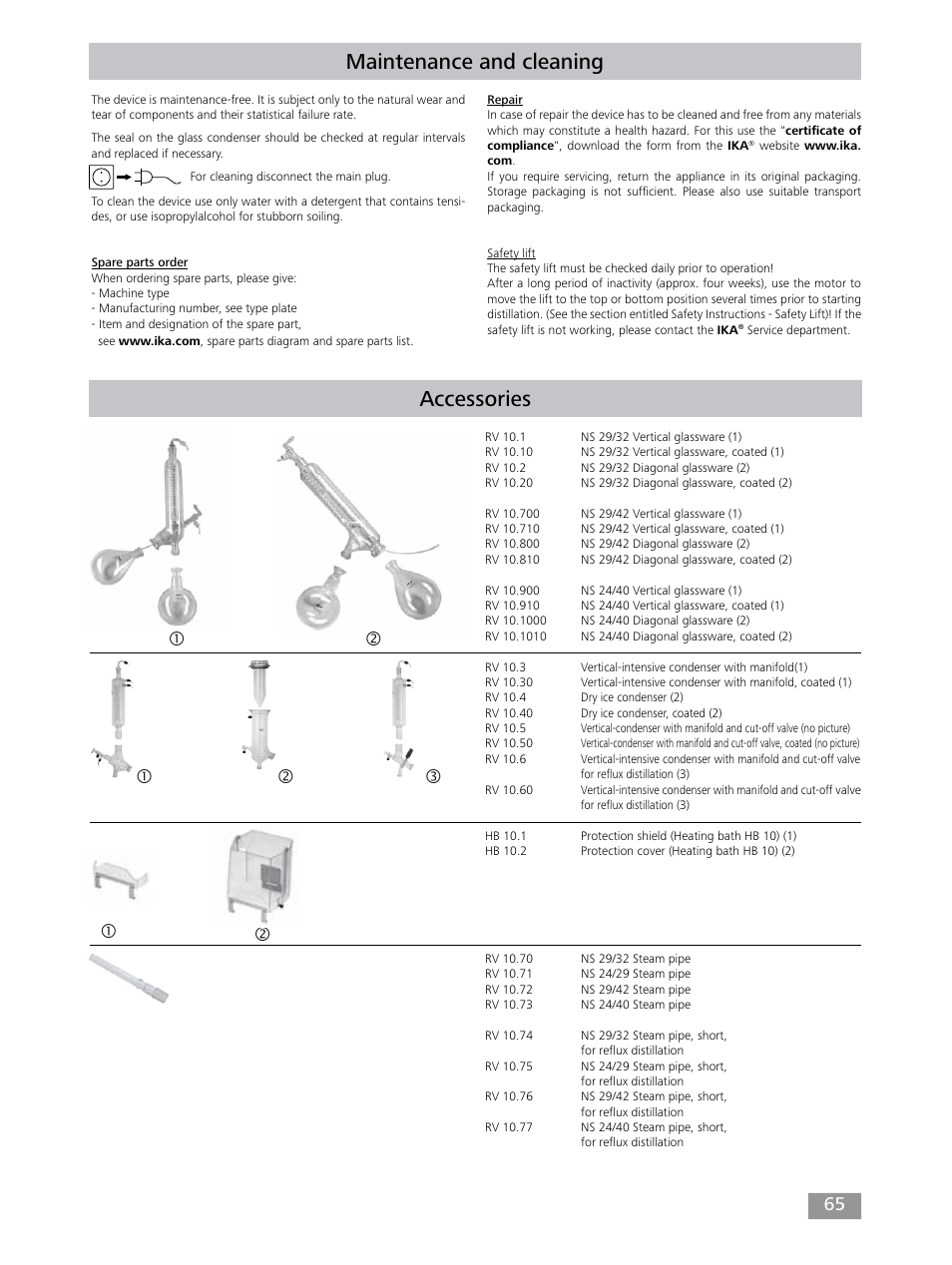 Maintenance and cleaning, Accessories | IKA RV 10 control FLEX auto User Manual | Page 65 / 172
