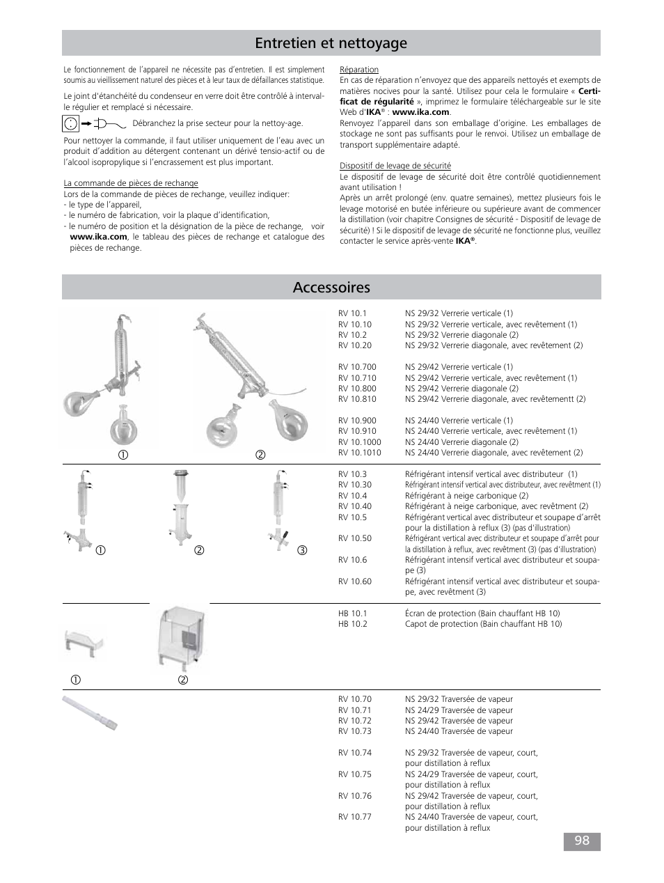 Entretien et nettoyage, Accessoires | IKA RV 10 control FLEX auto User Manual | Page 98 / 172