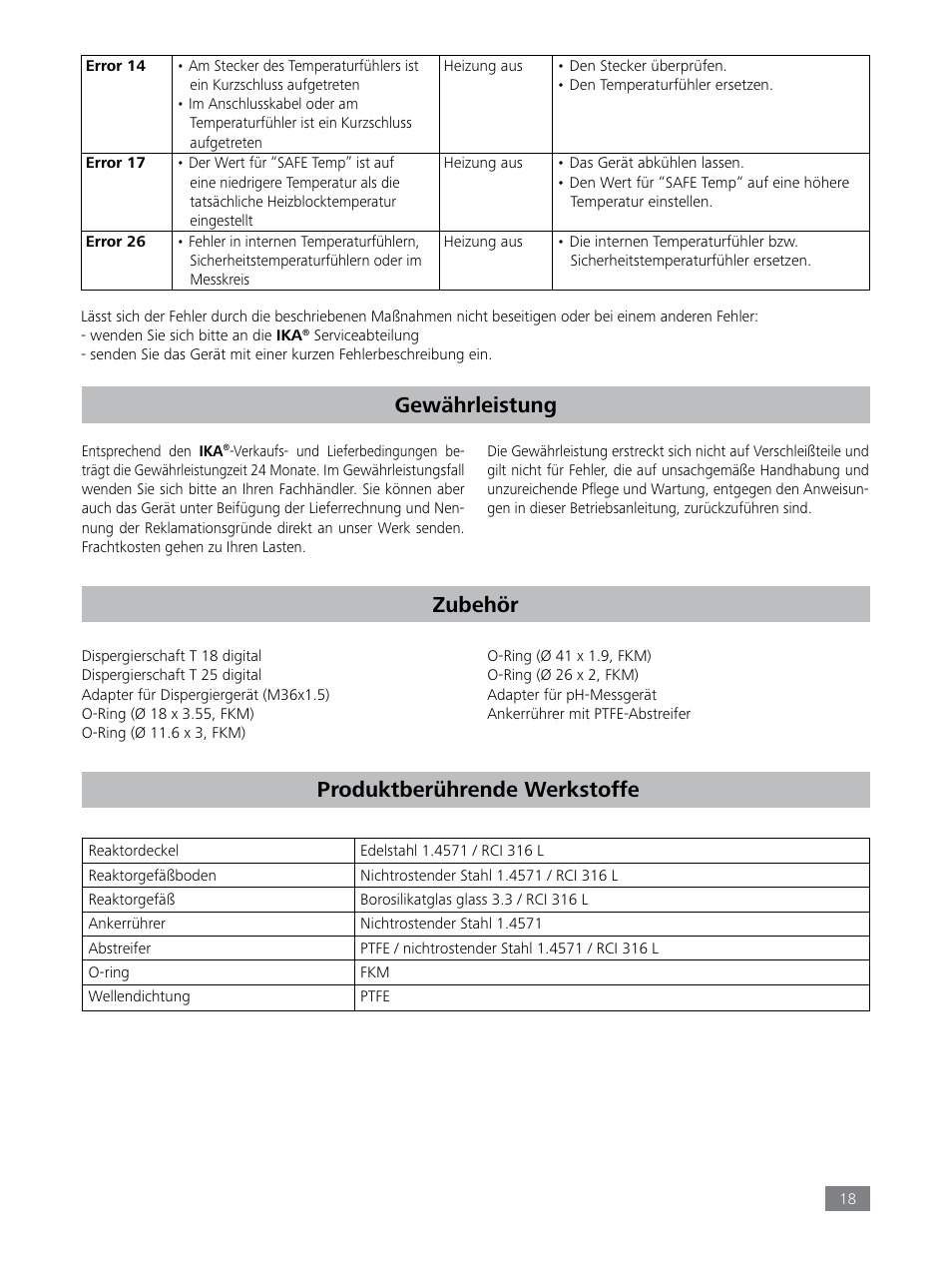 Zubehör, Gewährleistung, Produktberührende werkstoffe | IKA LR 1000 control Package User Manual | Page 18 / 104