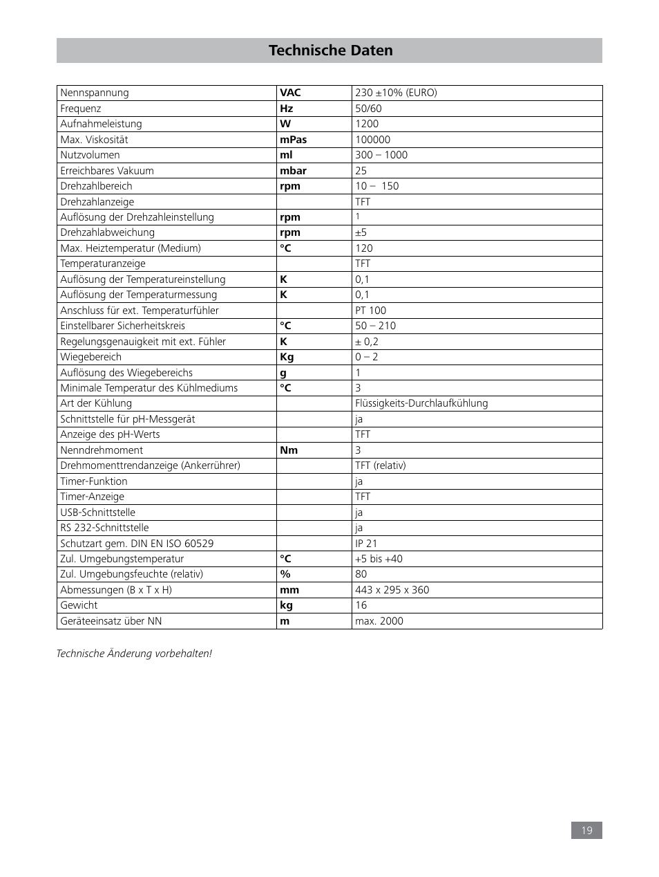 Technische daten | IKA LR 1000 control Package User Manual | Page 19 / 104
