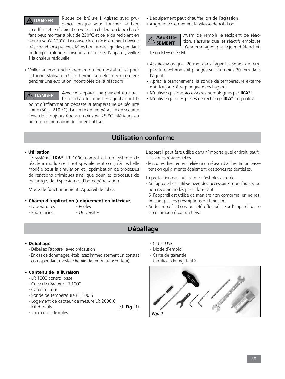 Utilisation conforme, Déballage | IKA LR 1000 control Package User Manual | Page 39 / 104