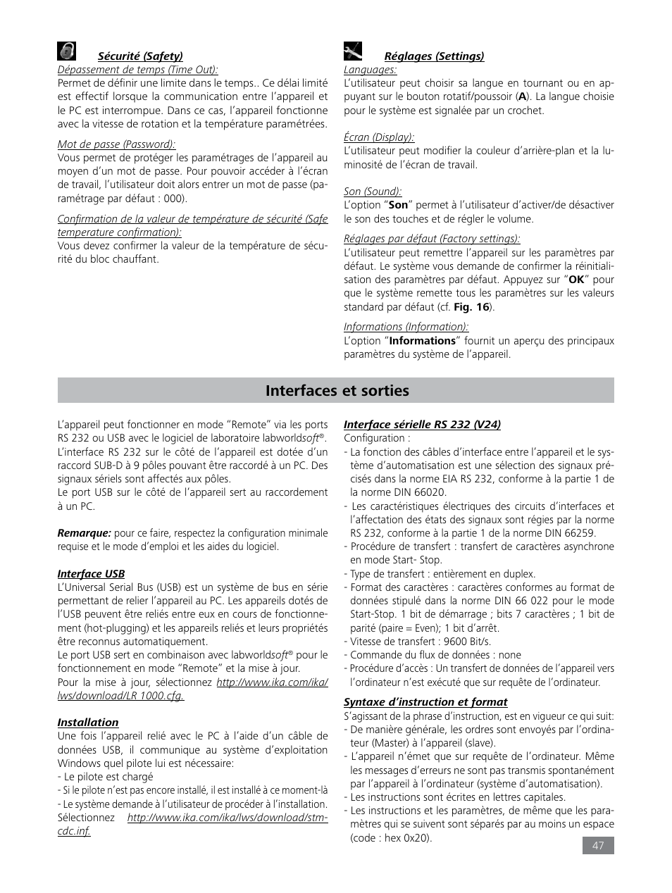 Interfaces et sorties | IKA LR 1000 control Package User Manual | Page 47 / 104