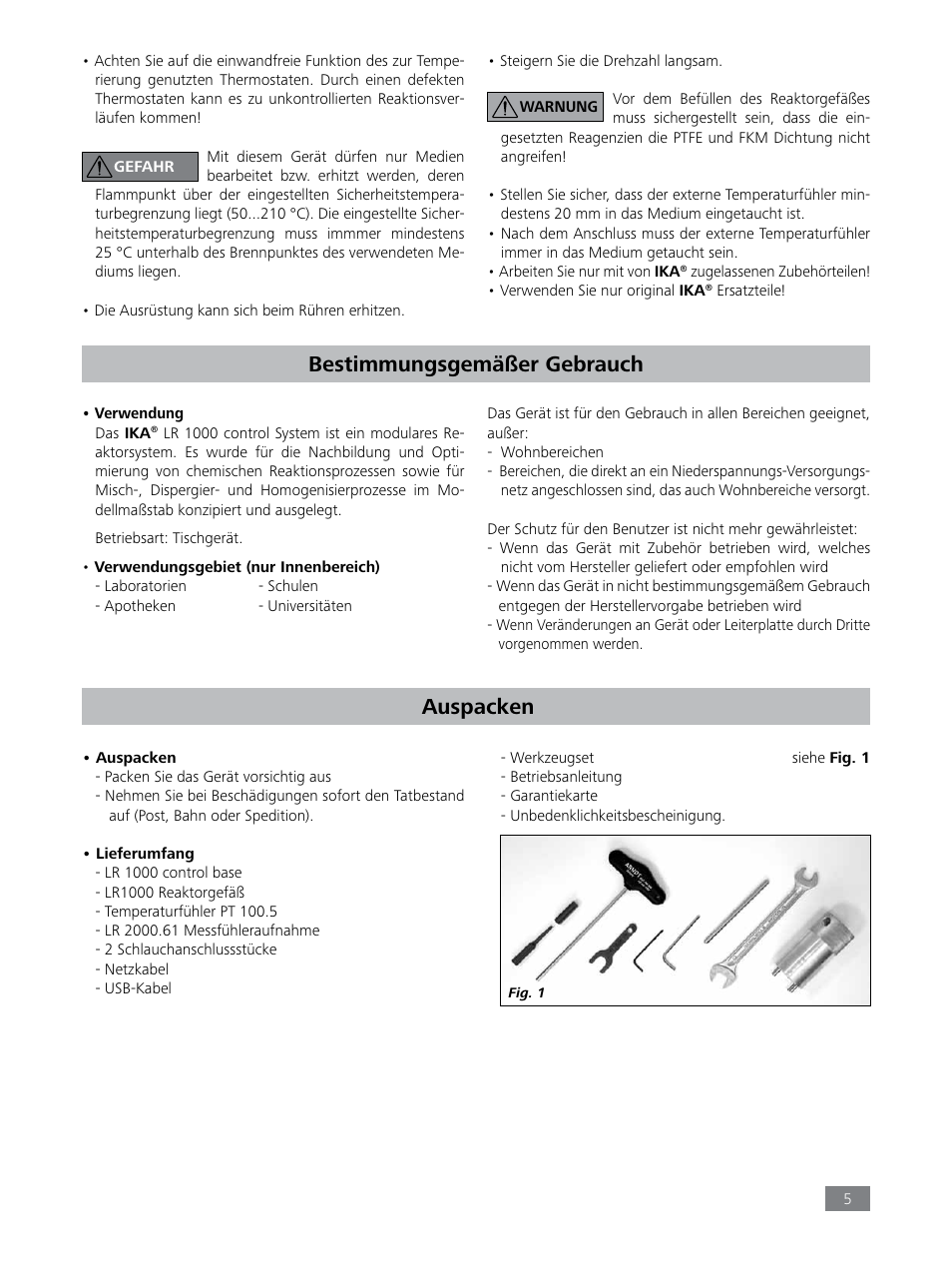 Bestimmungsgemäßer gebrauch, Auspacken | IKA LR 1000 control Package User Manual | Page 5 / 104