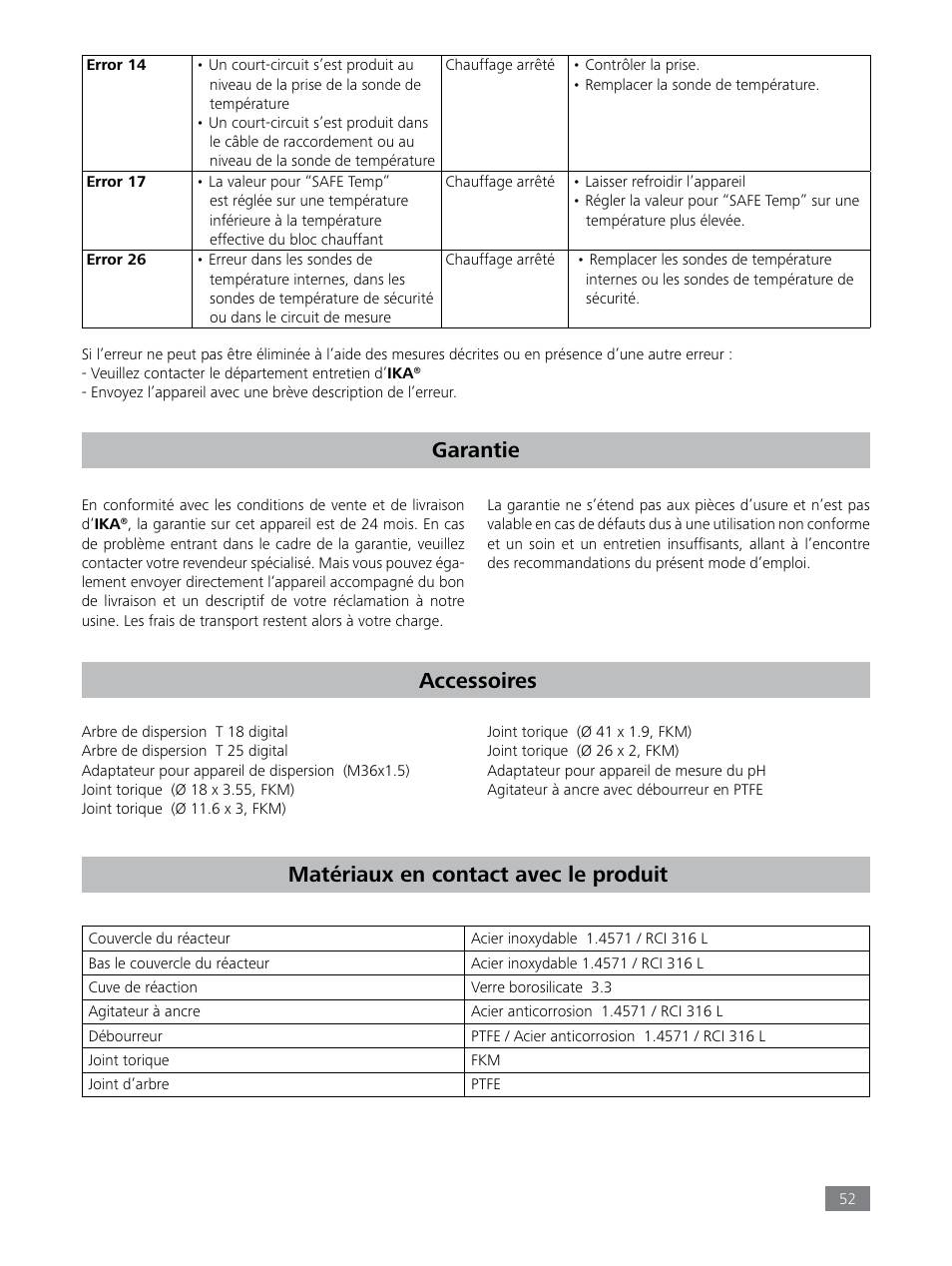 Accessoires, Garantie, Matériaux en contact avec le produit | IKA LR 1000 control Package User Manual | Page 52 / 104