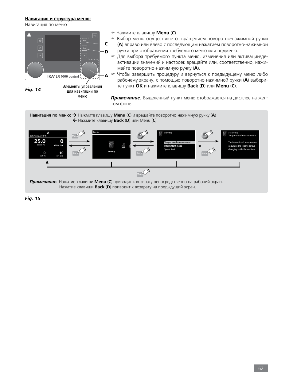 62 навигация и структура меню: навигация по меню, Нажмите клавишу menu ( c ), Fig. 15 | Ac d fig. 14 | IKA LR 1000 control Package User Manual | Page 62 / 104