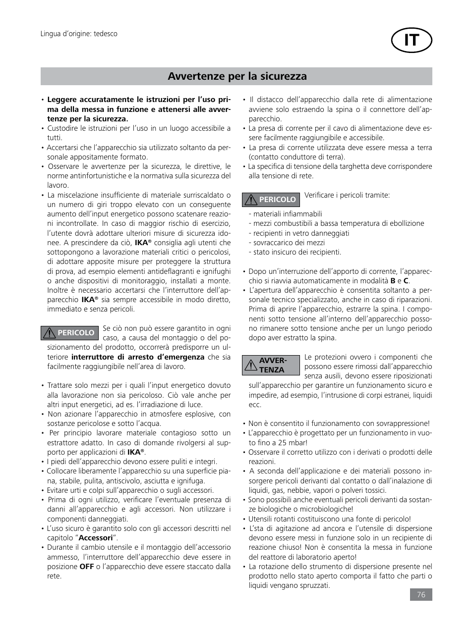 Avvertenze per la sicurezza | IKA LR 1000 control Package User Manual | Page 76 / 104