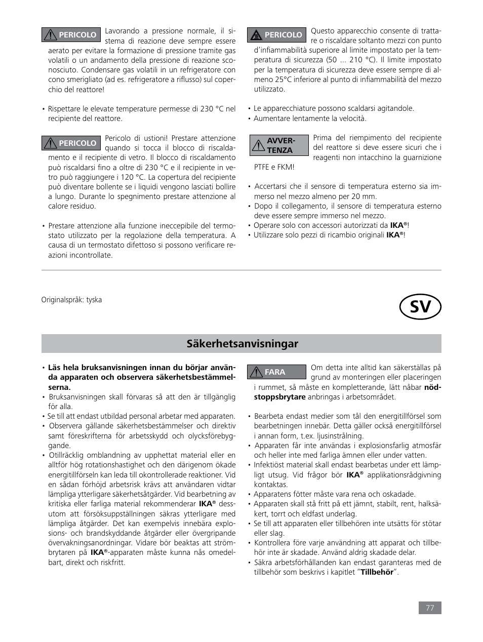 Säkerhetsanvisningar | IKA LR 1000 control Package User Manual | Page 77 / 104