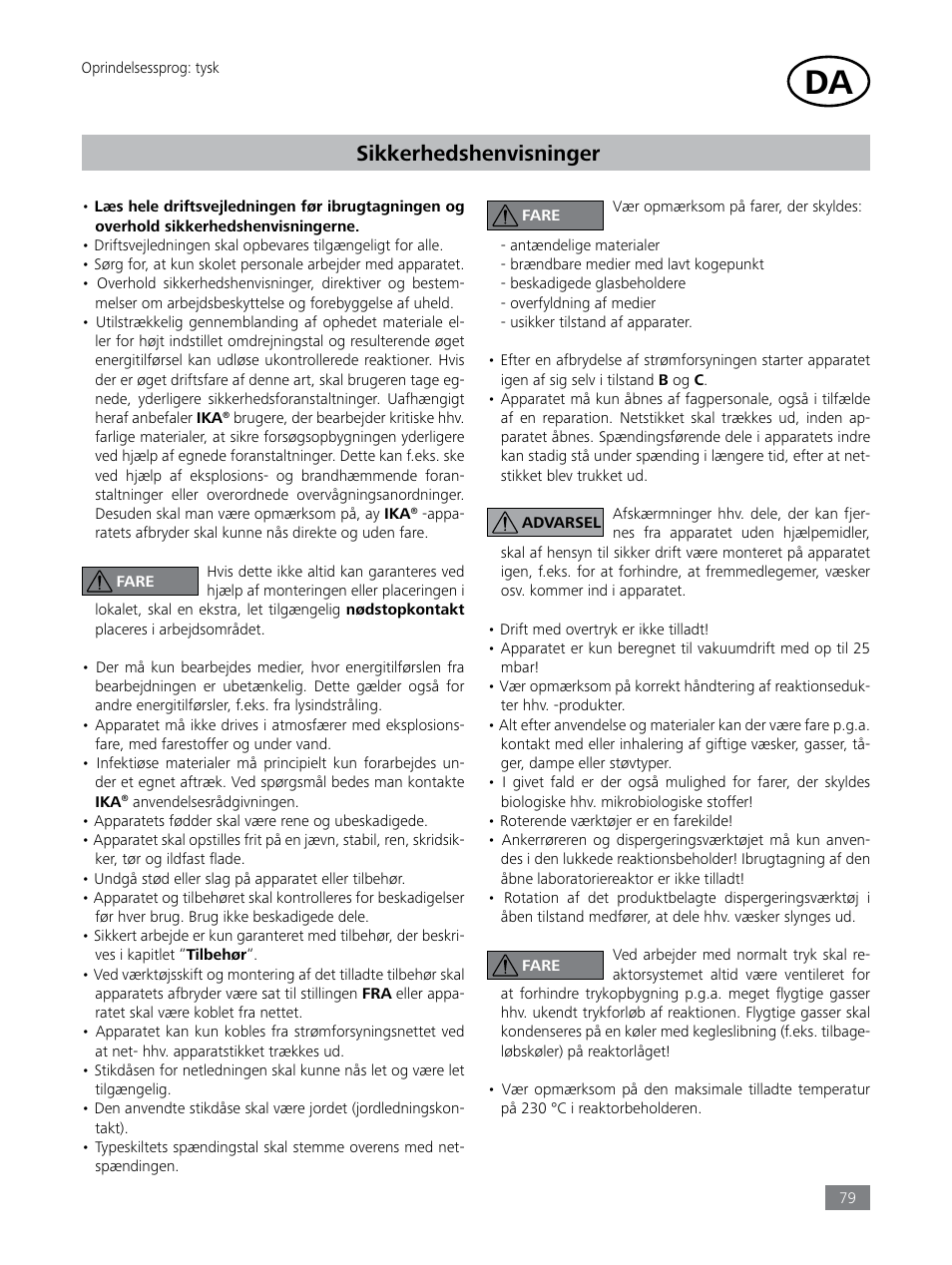 Sikkerhedshenvisninger | IKA LR 1000 control Package User Manual | Page 79 / 104