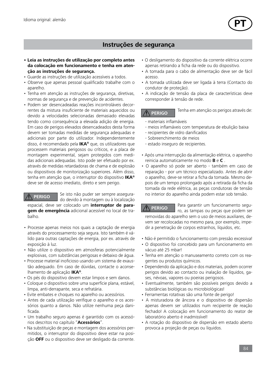 Instruções de segurança | IKA LR 1000 control Package User Manual | Page 84 / 104