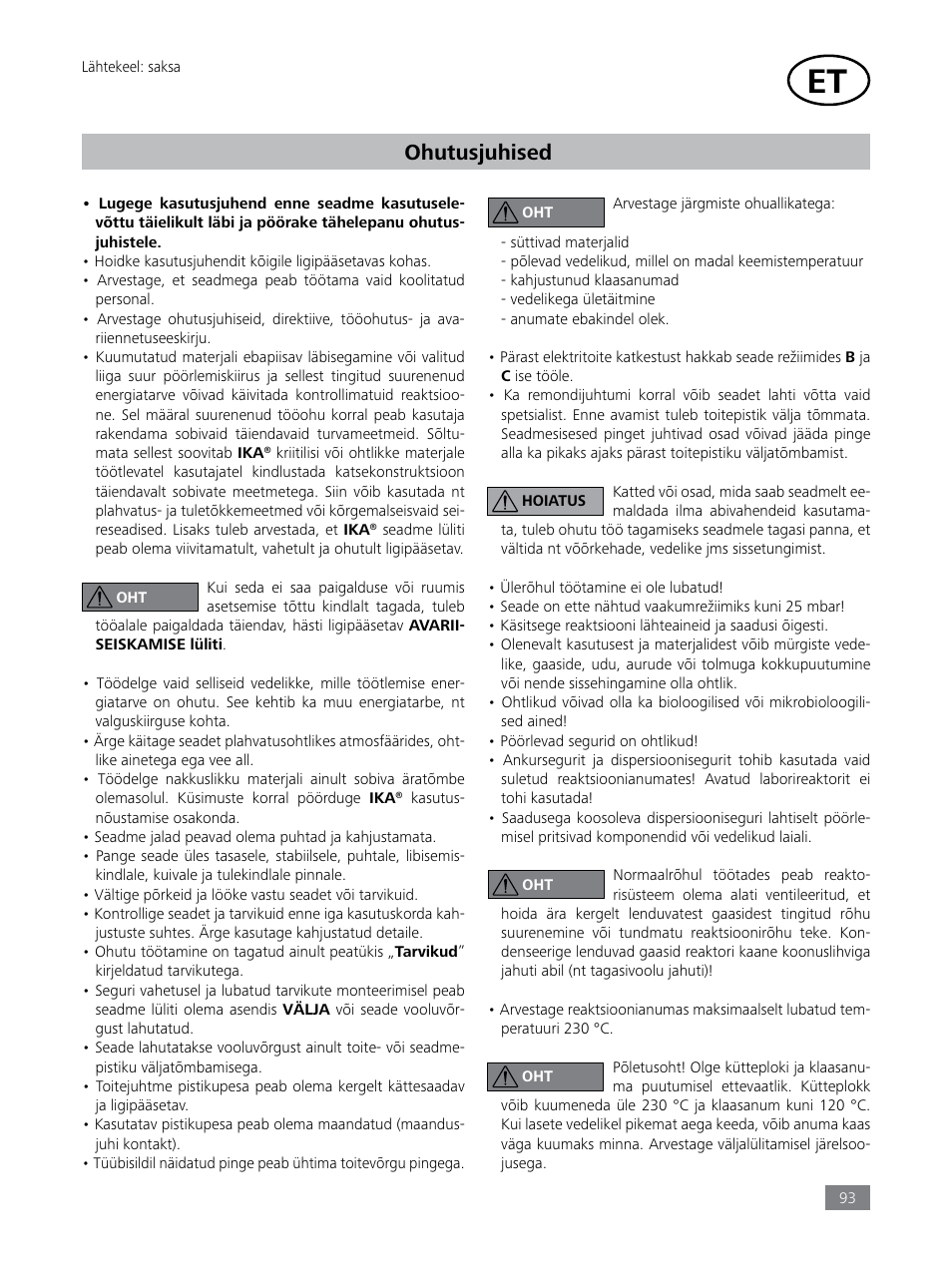 Ohutusjuhised | IKA LR 1000 control Package User Manual | Page 93 / 104