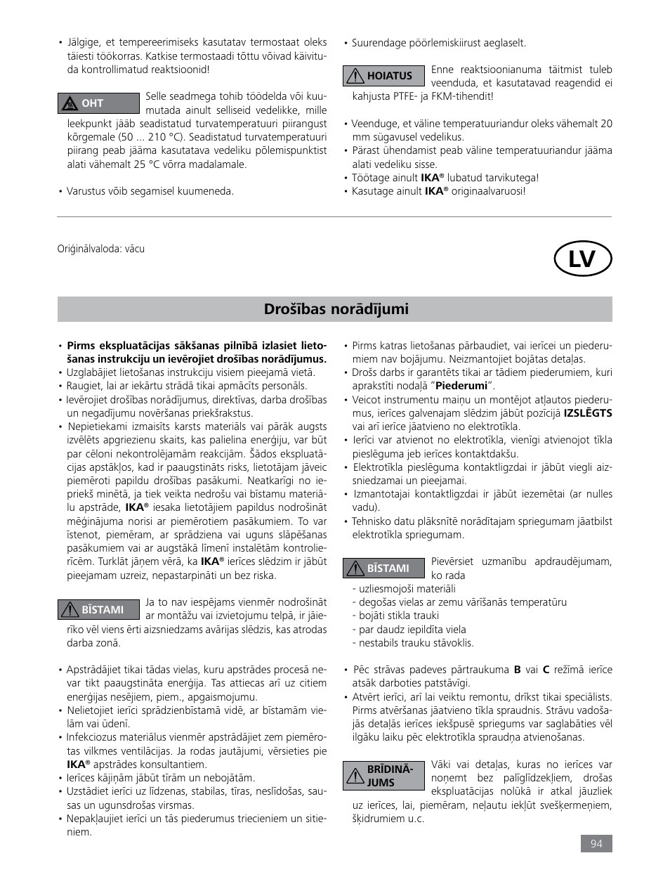 Drošības norādījumi | IKA LR 1000 control Package User Manual | Page 94 / 104