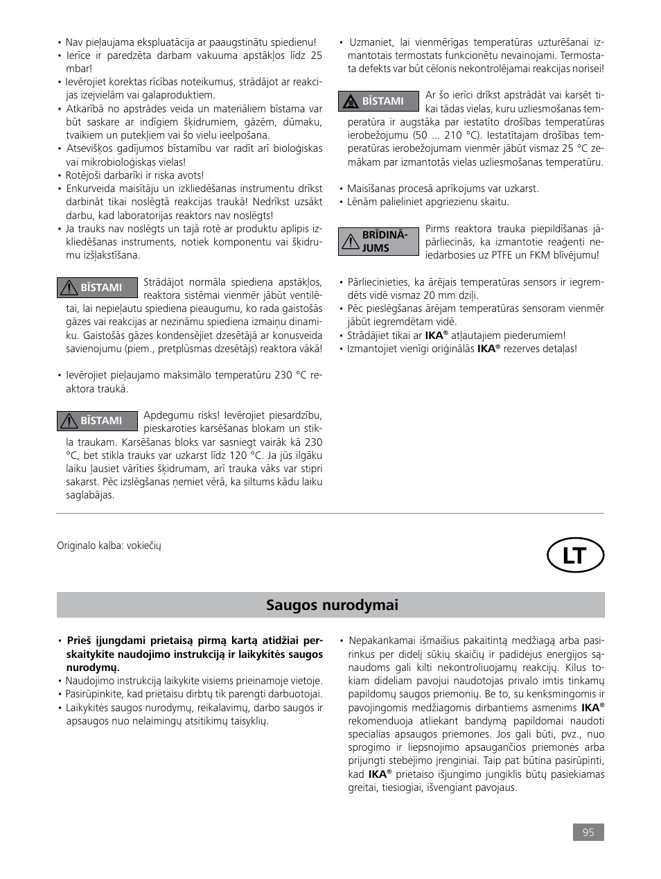 Saugos nurodymai | IKA LR 1000 control Package User Manual | Page 95 / 104