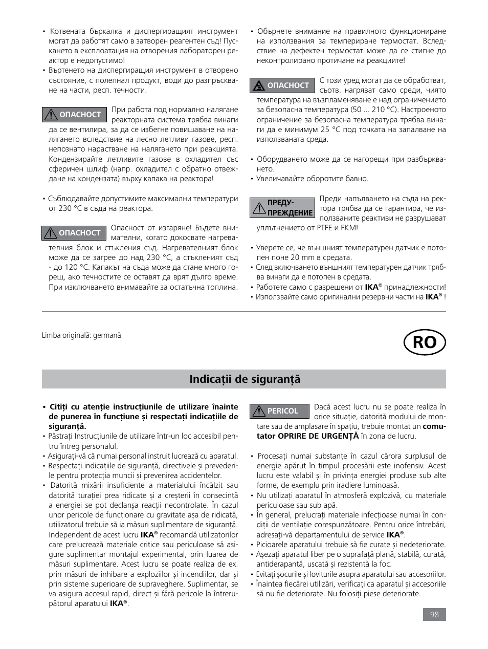 Indicaţii de siguranţă | IKA LR 1000 control Package User Manual | Page 98 / 104