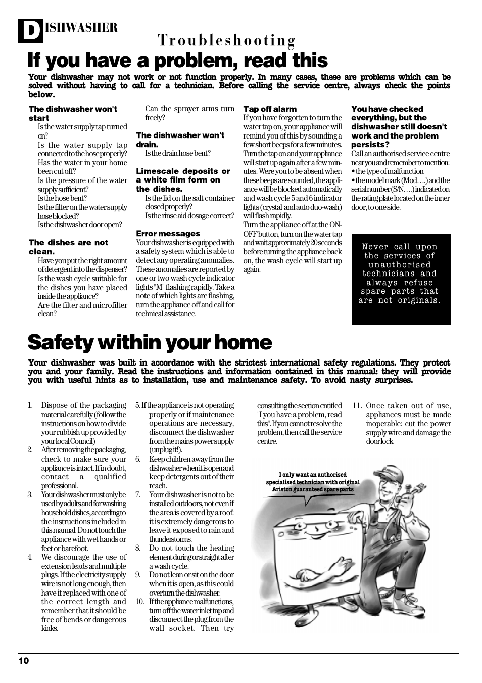 Safety within your home, If you have a problem, read this, Troubleshooting | Ishwasher | Ariston LI 68 DUO User Manual | Page 12 / 16
