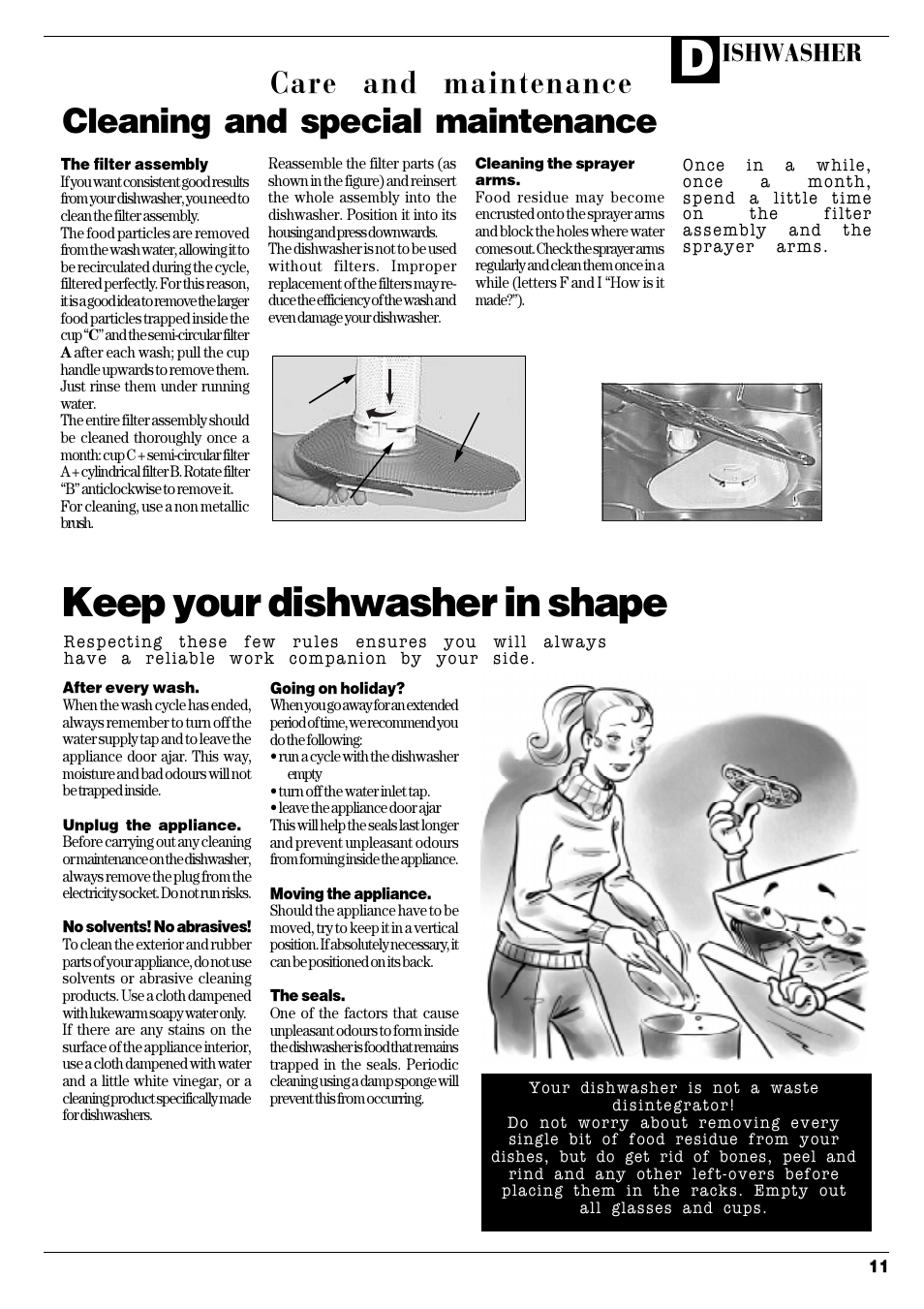 Keep your dishwasher in shape, Cleaning and special maintenance, Care and maintenance | Ishwasher | Ariston LI 68 DUO User Manual | Page 13 / 16