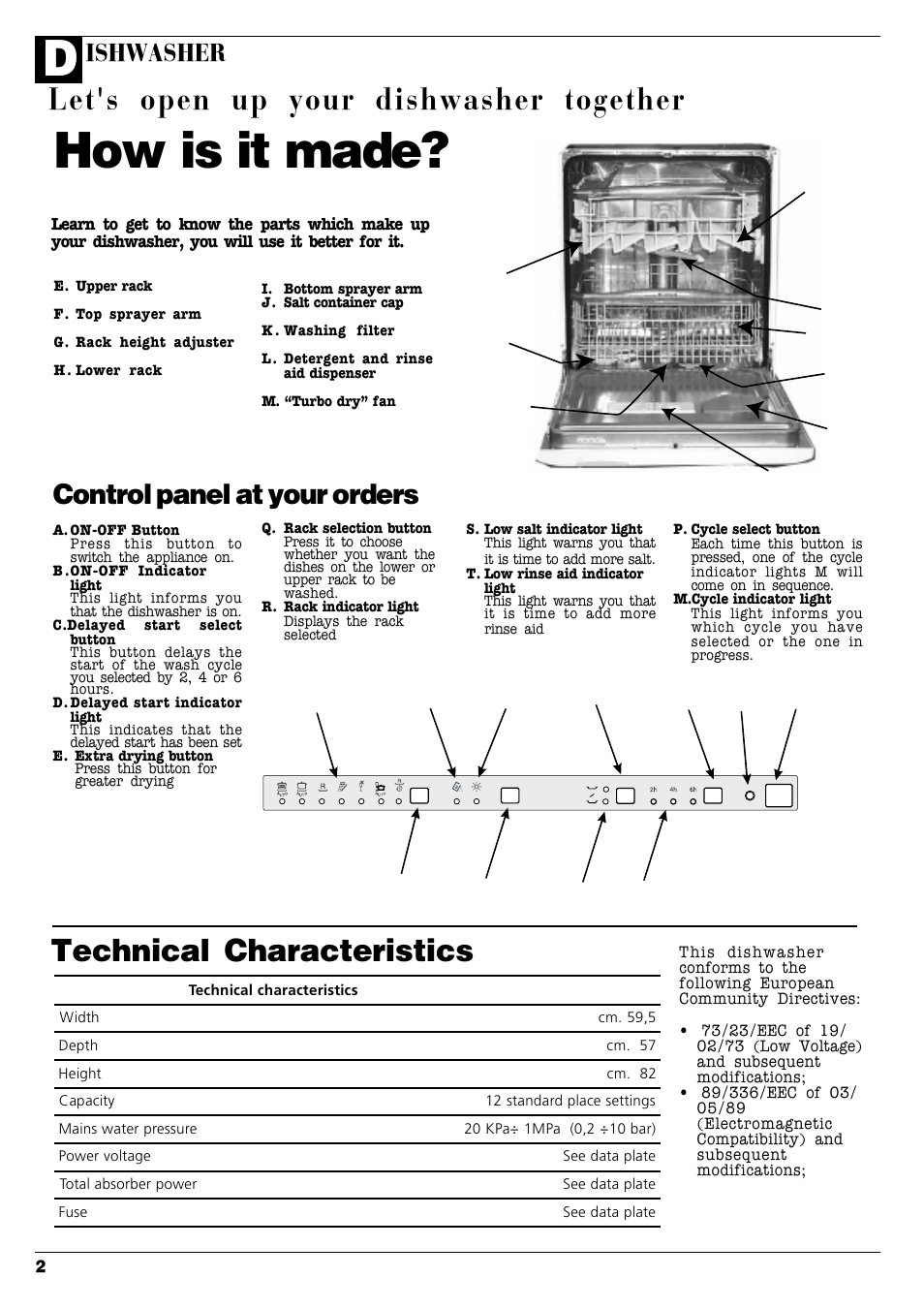 How is it made, Let's open up your dishwasher together, Technical characteristics | Control panel at your orders, Ishwasher | Ariston LI 68 DUO User Manual | Page 4 / 16