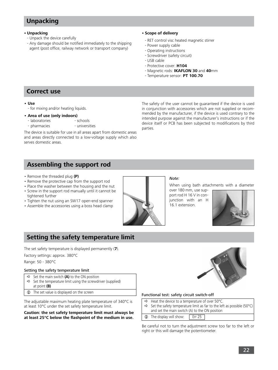 Unpacking, Correct use assembling the support rod, Setting the safety temperature limit | IKA RET control-visc User Manual | Page 22 / 88