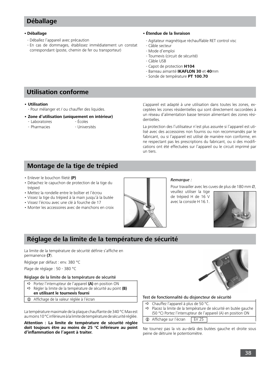 Déballage, Utilisation conforme montage de la tige de trépied, Réglage de la limite de la température de sécurité | IKA RET control-visc User Manual | Page 38 / 88