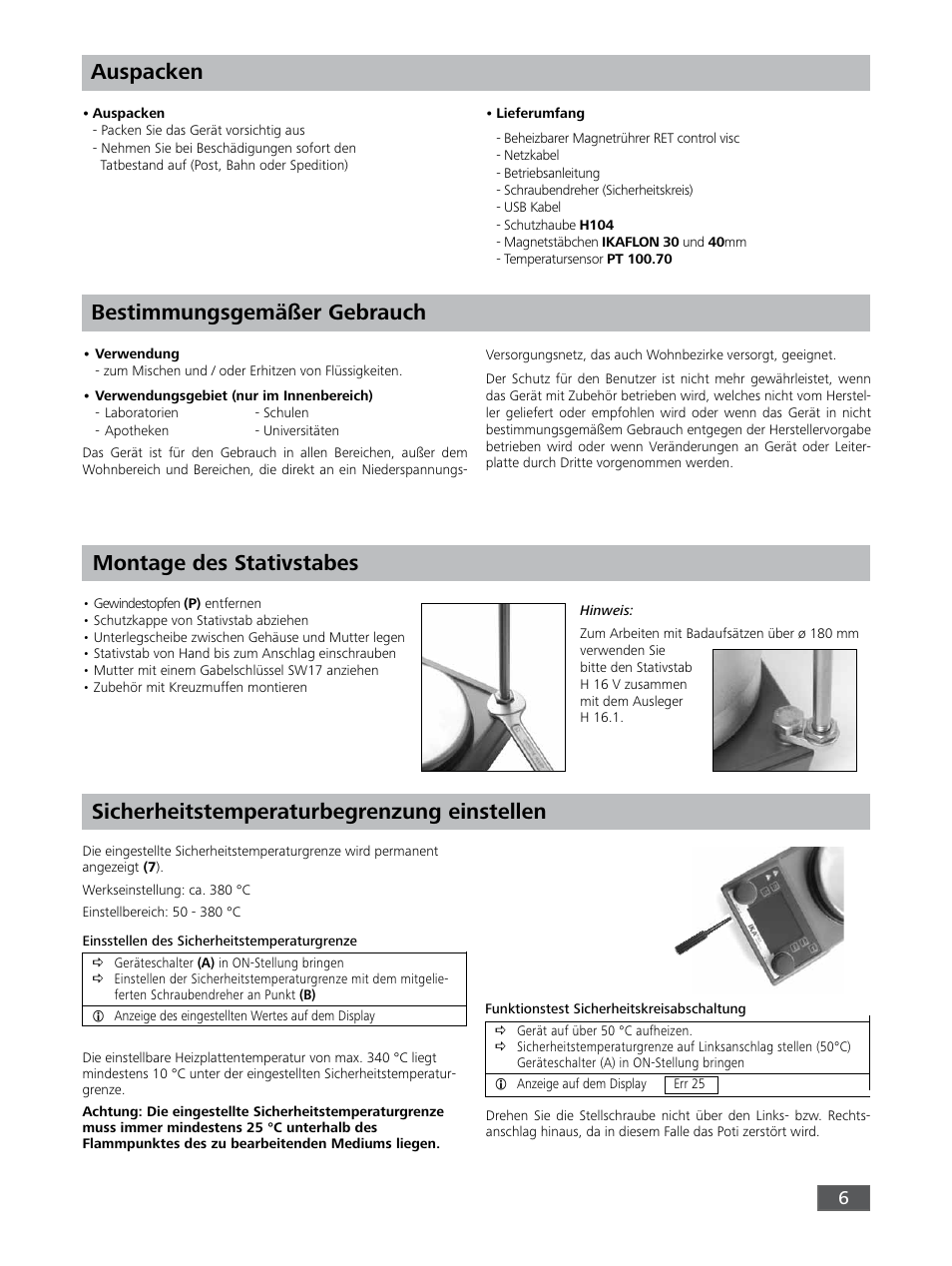 Auspacken, Sicherheitstemperaturbegrenzung einstellen | IKA RET control-visc User Manual | Page 6 / 88