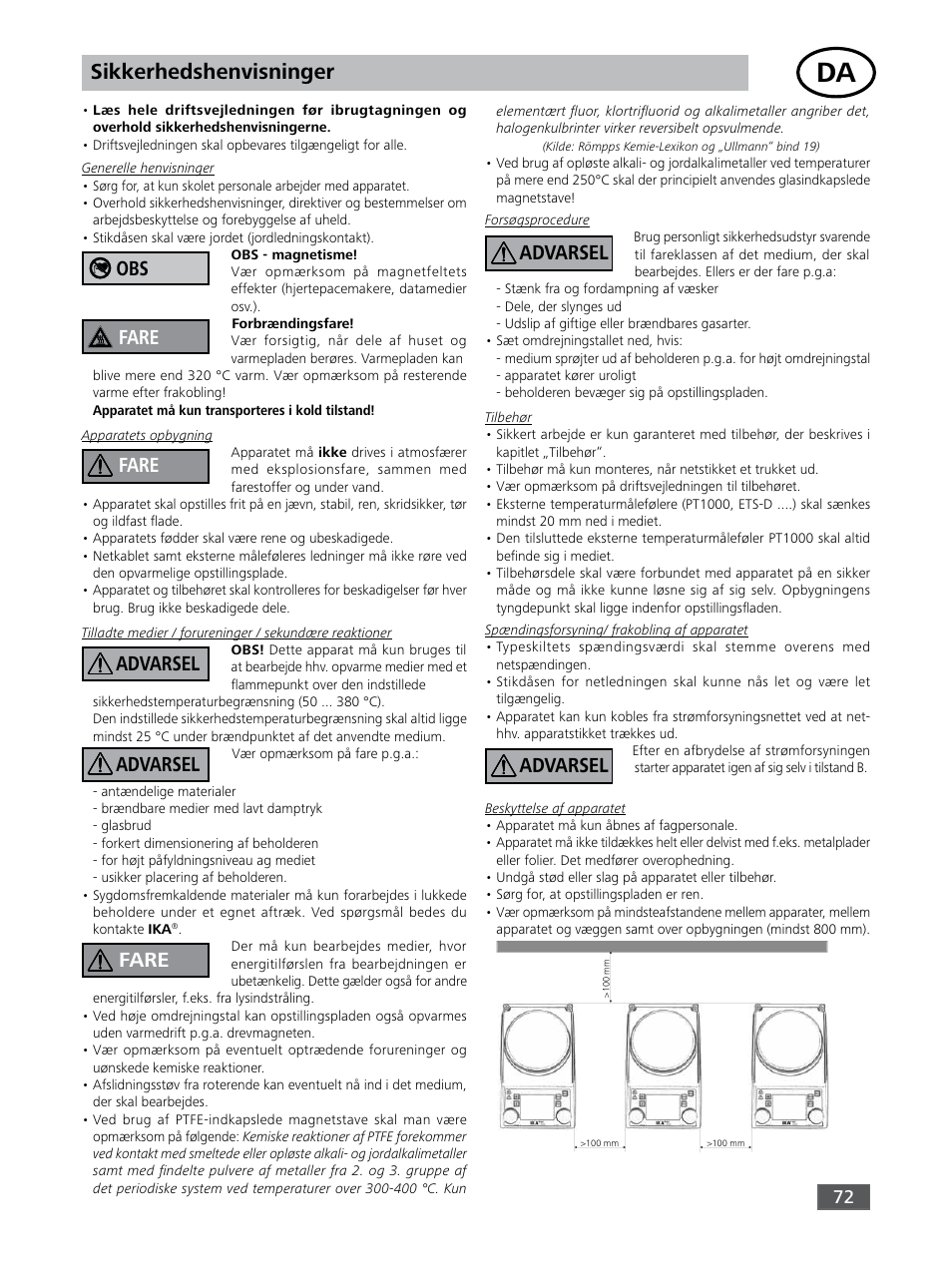 Sikkerhedshenvisninger, Obs fare, Fare advarsel advarsel fare advarsel advarsel | IKA RET control-visc User Manual | Page 72 / 88