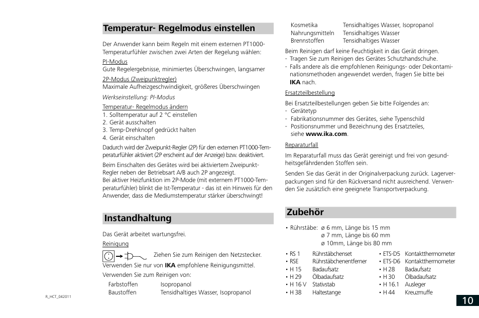 Instandhaltung, Zubehör, Temperatur- regelmodus einstellen | IKA RCT basic User Manual | Page 10 / 68