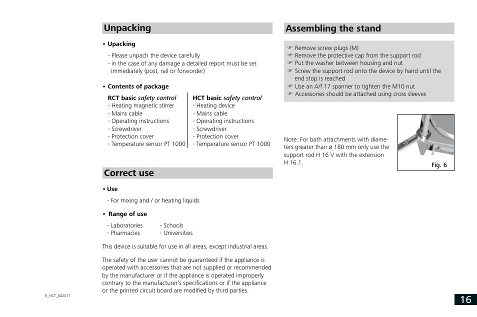 Unpacking, Correct use assembling the stand | IKA RCT basic User Manual | Page 16 / 68