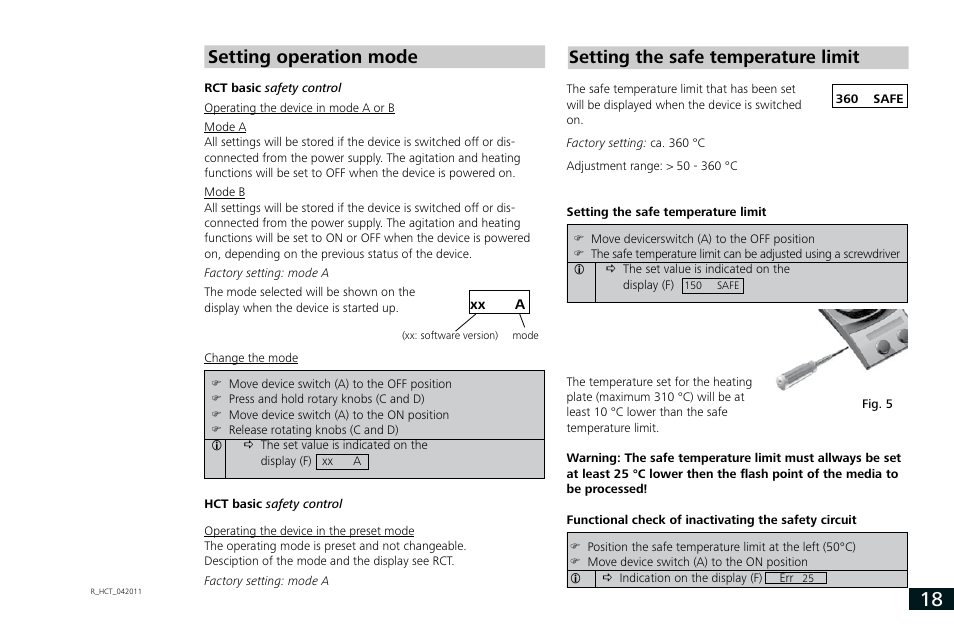 Setting operation mode, Setting the safe temperature limit | IKA RCT basic User Manual | Page 18 / 68