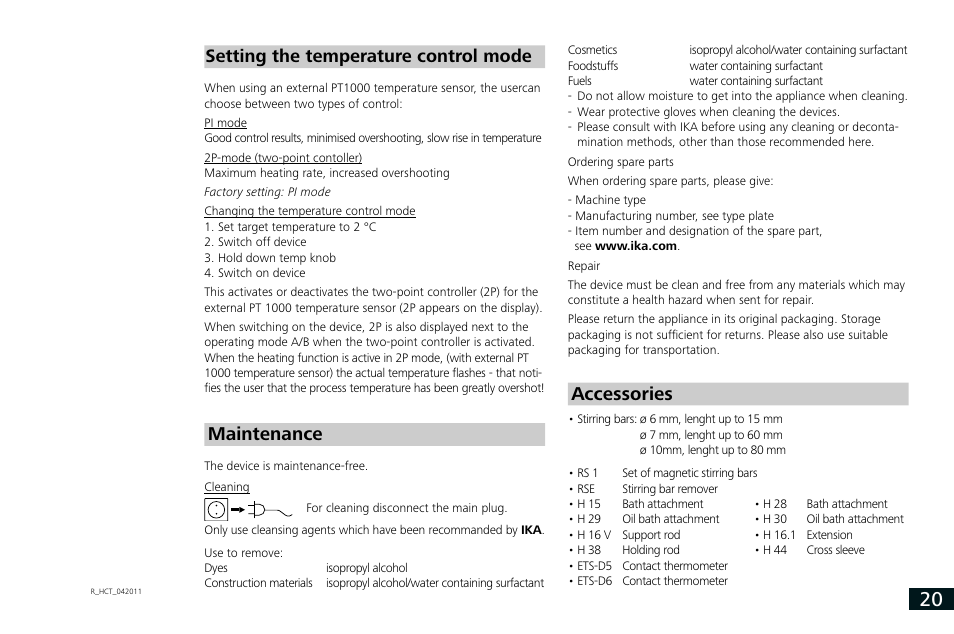 Maintenance, Accessories, Setting the temperature control mode | IKA RCT basic User Manual | Page 20 / 68