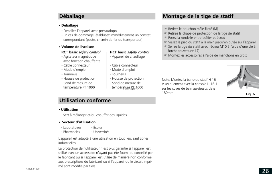 Déballage, Utilisation conforme montage de la tige de statif | IKA RCT basic User Manual | Page 26 / 68