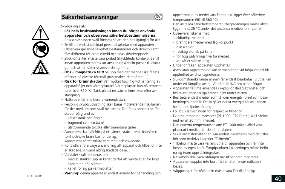 Säkerhetsanvisningar | IKA RCT basic User Manual | Page 40 / 68