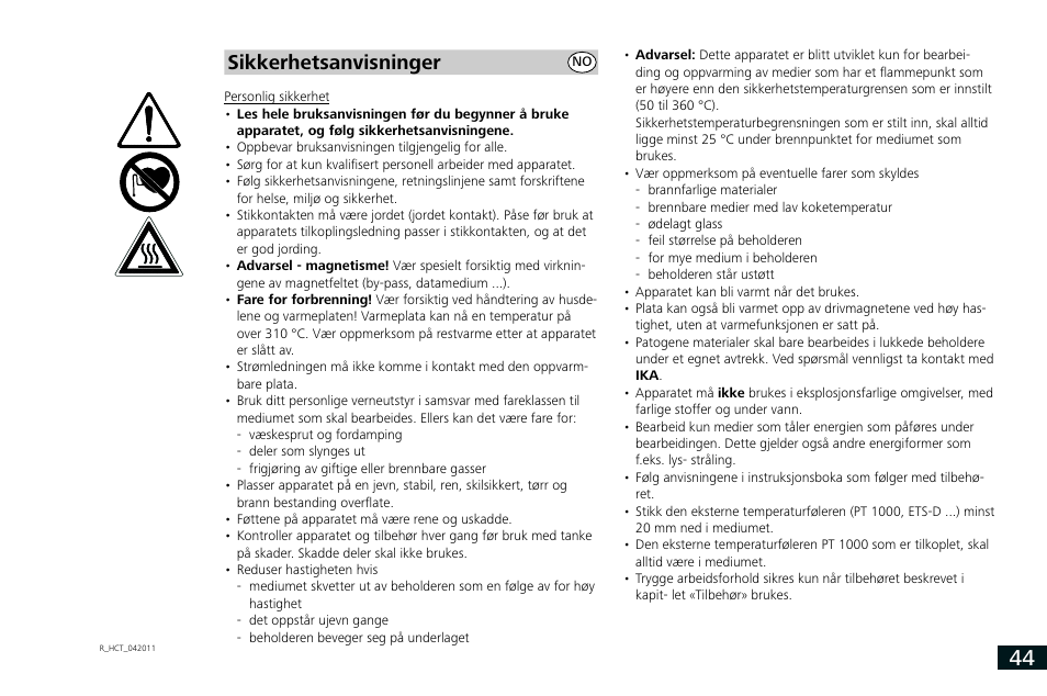 Sikkerhetsanvisninger | IKA RCT basic User Manual | Page 44 / 68