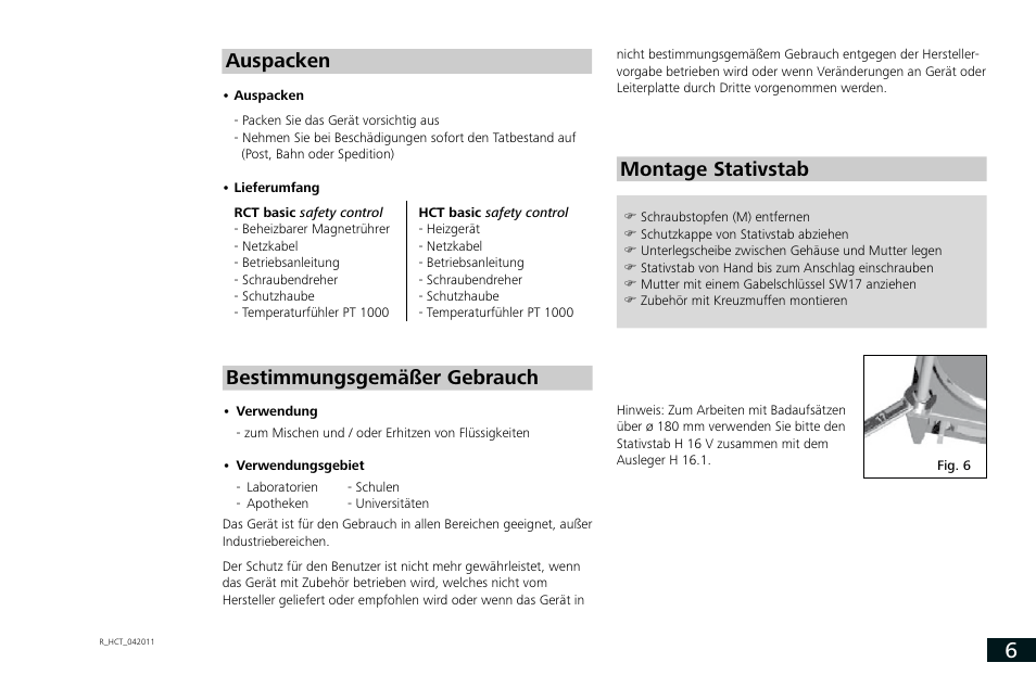 Auspacken, Bestimmungsgemäßer gebrauch montage stativstab | IKA RCT basic User Manual | Page 6 / 68