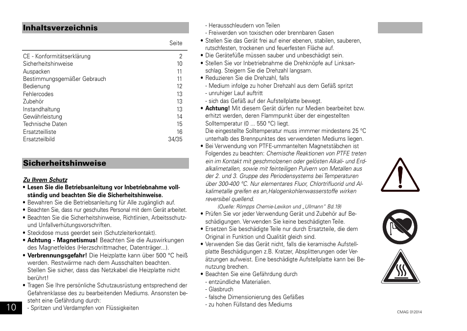 Inhaltsverzeichnis sicherheitshinweise | IKA C-MAG HP 10 User Manual | Page 10 / 36