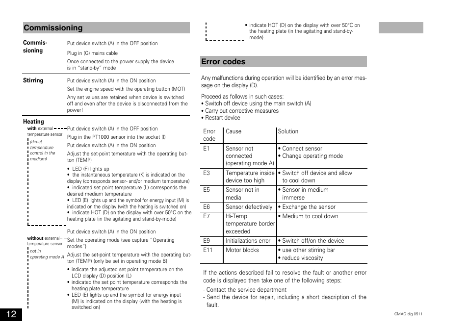 Commissioning, Error codes | IKA C-MAG HS 10 digital User Manual | Page 12 / 48