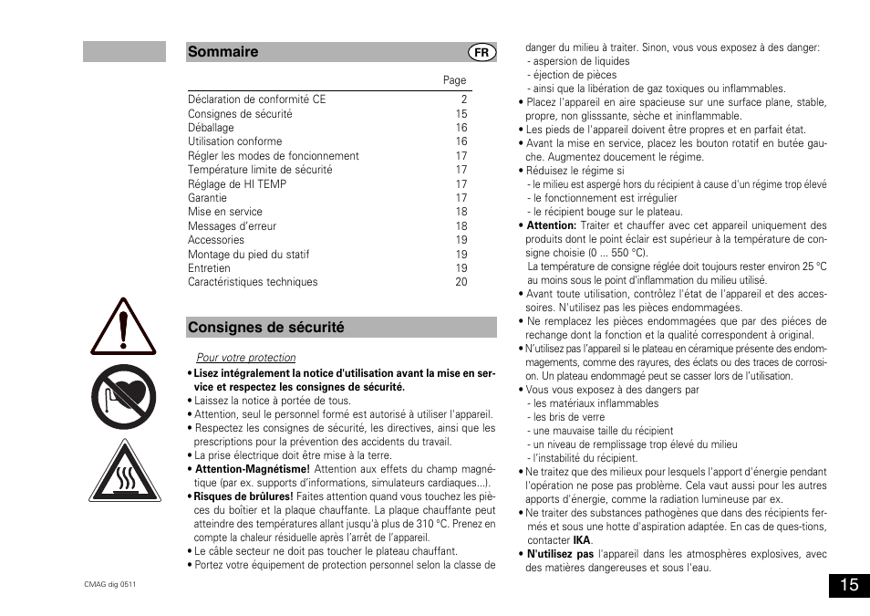 Sommaire consignes de sécurité | IKA C-MAG HS 10 digital User Manual | Page 15 / 48