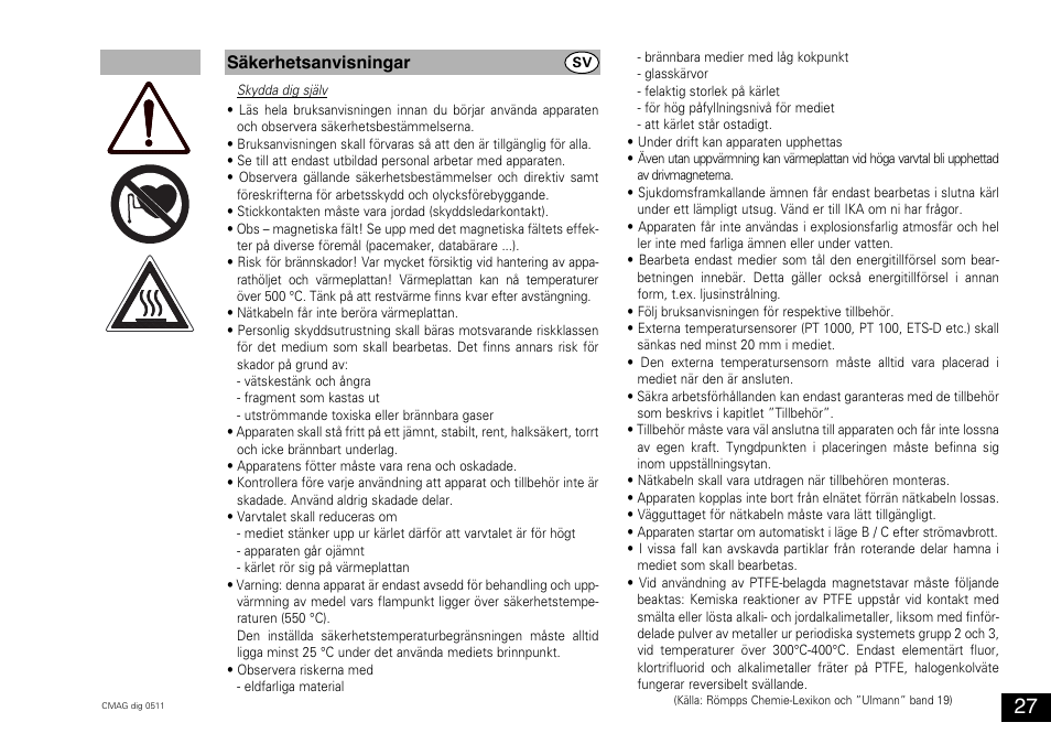 Säkerhetsanvisningar | IKA C-MAG HS 10 digital User Manual | Page 27 / 48