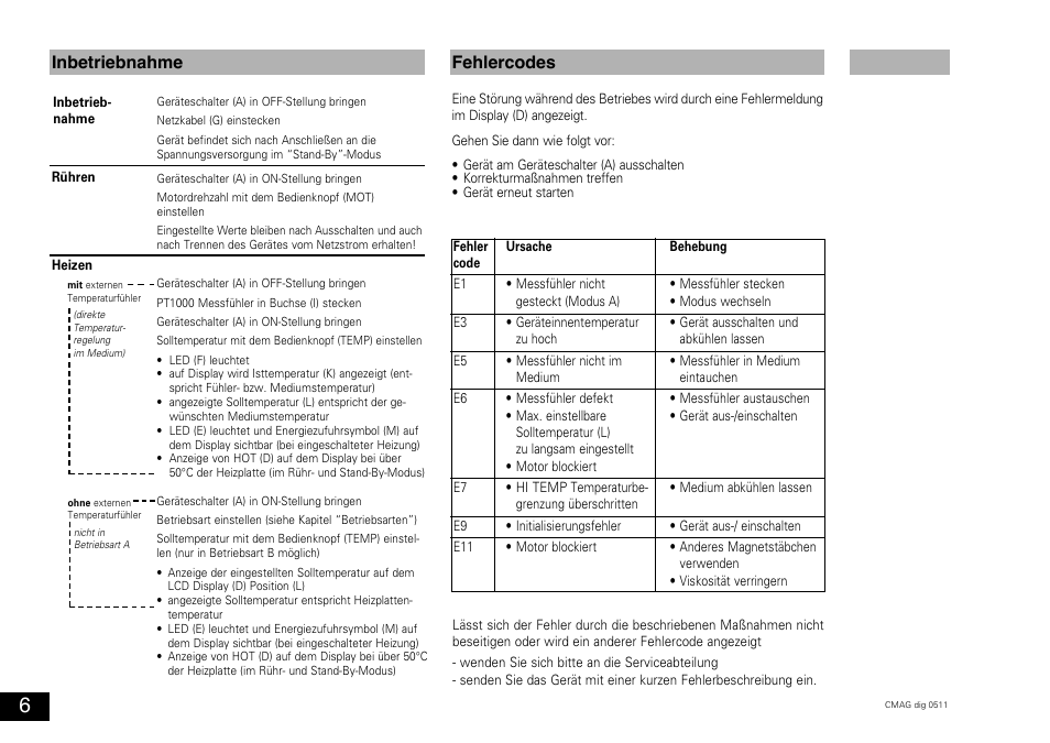 Inbetriebnahme, Fehlercodes | IKA C-MAG HS 10 digital User Manual | Page 6 / 48