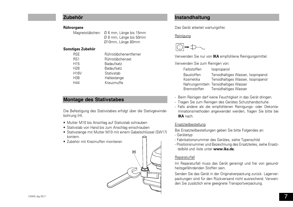 Zubehör, Instandhaltung montage des stativstabes | IKA C-MAG HS 10 digital User Manual | Page 7 / 48
