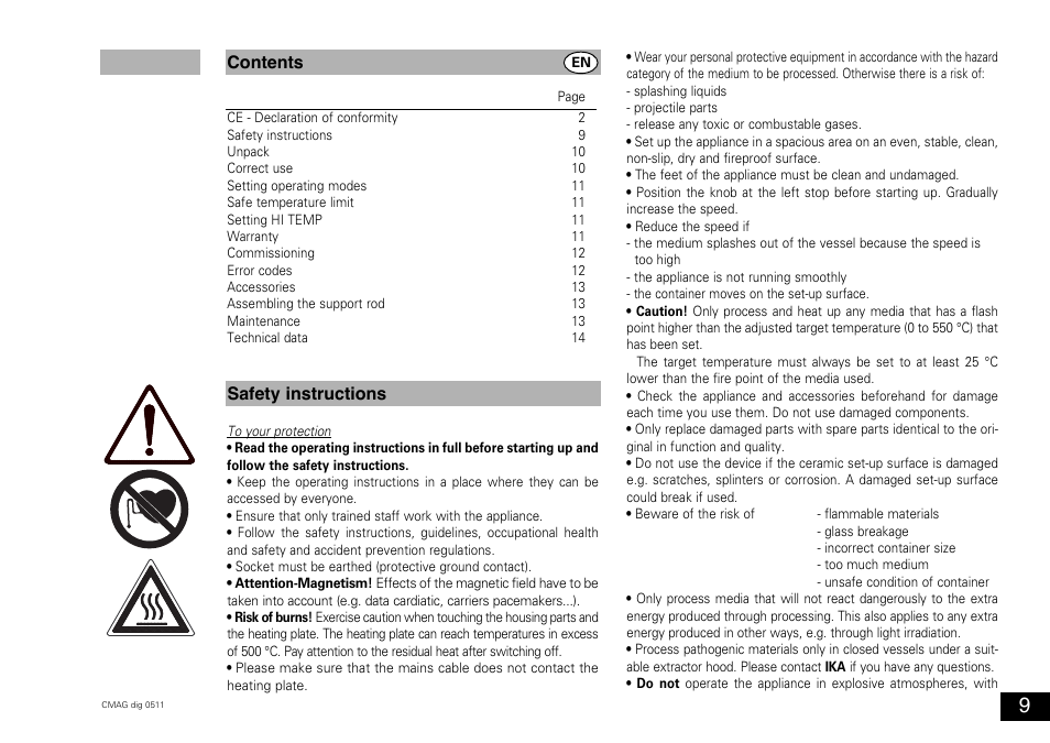 Contents safety instructions | IKA C-MAG HS 10 digital User Manual | Page 9 / 48