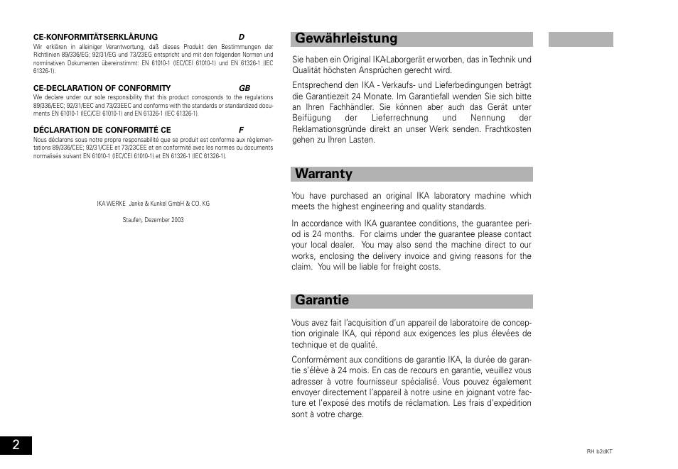 Warranty garantie gewährleistung | IKA RH basic 2 User Manual | Page 2 / 32