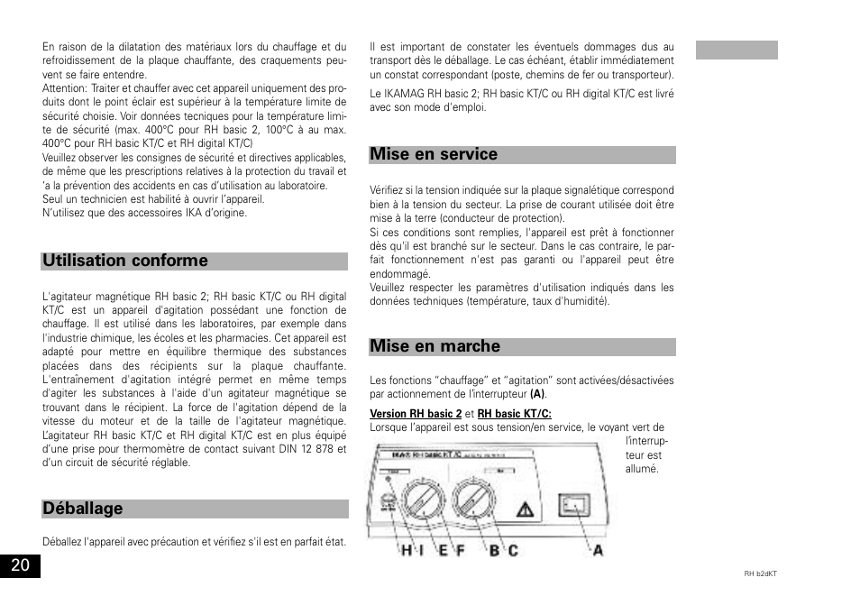 Utilisation conforme déballage, Mise en service mise en marche | IKA RH basic 2 User Manual | Page 20 / 32