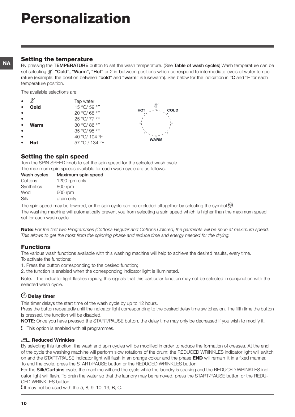 Personalization, Setting the temperature, Setting the spin speed | Functions | Ariston ARXL 129 W SP User Manual | Page 10 / 18