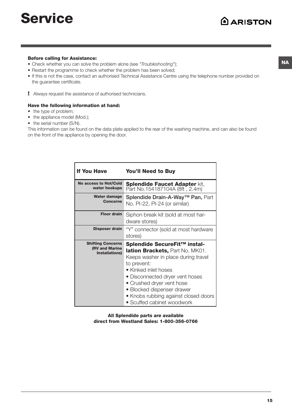 Service | Ariston ARXL 129 W SP User Manual | Page 15 / 18